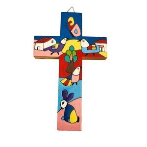 Hand Painted Wood Cross Christianity Folk Art Mexico El Salvador Birds